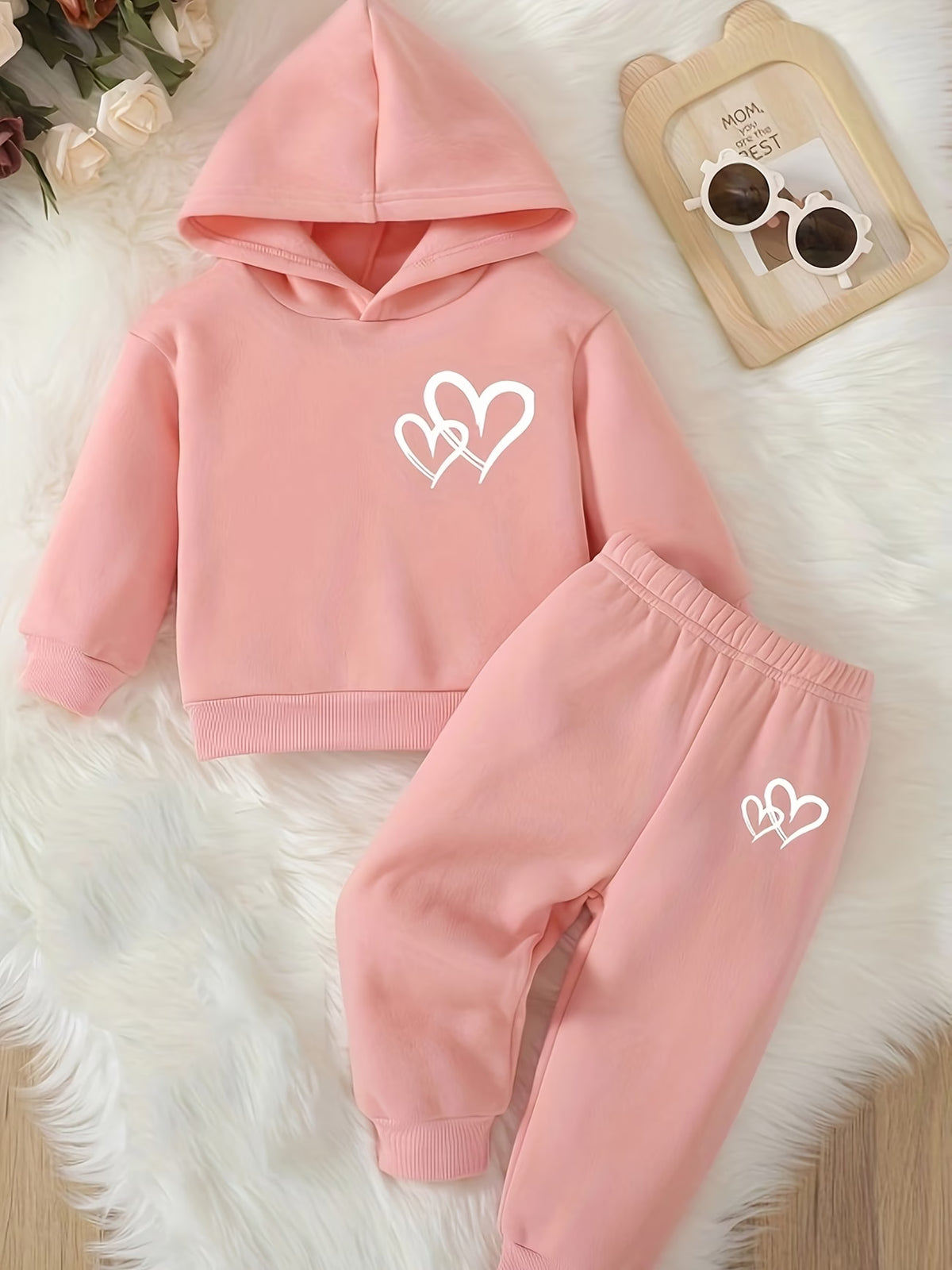 Baby Girl Winter Hoodie Set – Pink Heart Print (2 Pcs)