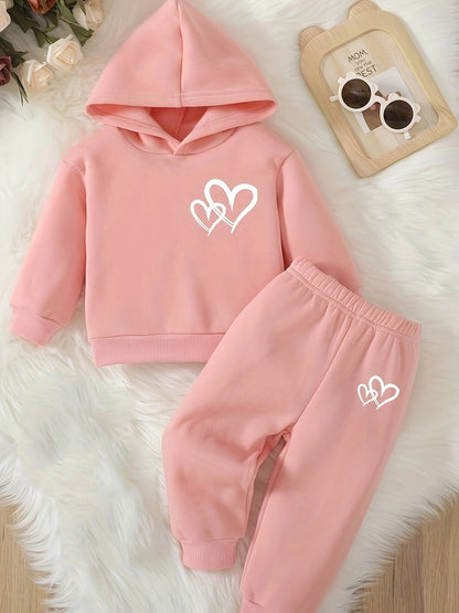 Baby Girl Winter Hoodie Set – Pink Heart Print (2 Pcs)