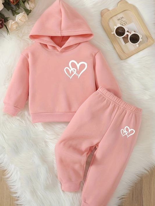 Baby Girl Winter Hoodie Set – Pink Heart Print (2 Pcs)