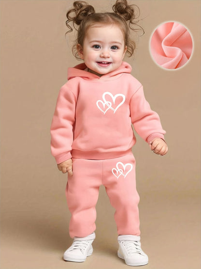 Baby Girl Winter Hoodie Set – Pink Heart Print (2 Pcs)